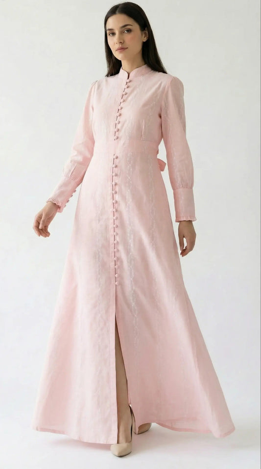 Front view of Peach Aura blush modest maxi dress with long sleeves
