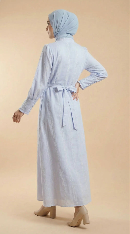Back view of Serene Sky blue modest maxi dress with long sleeves