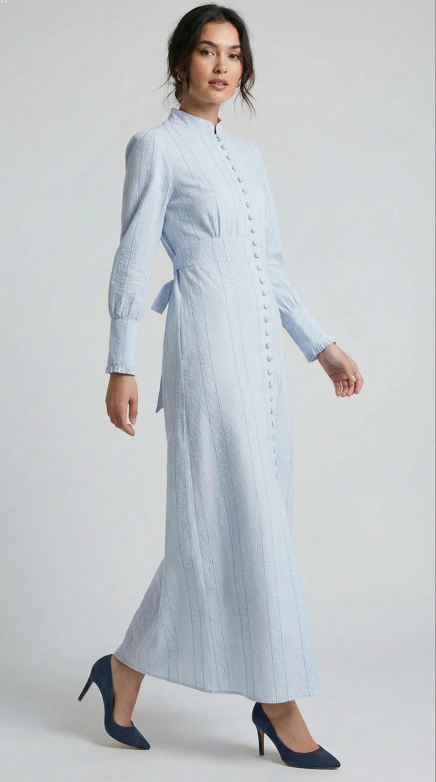 Front view of Blue Horizon blue modest maxi dress with long sleeve