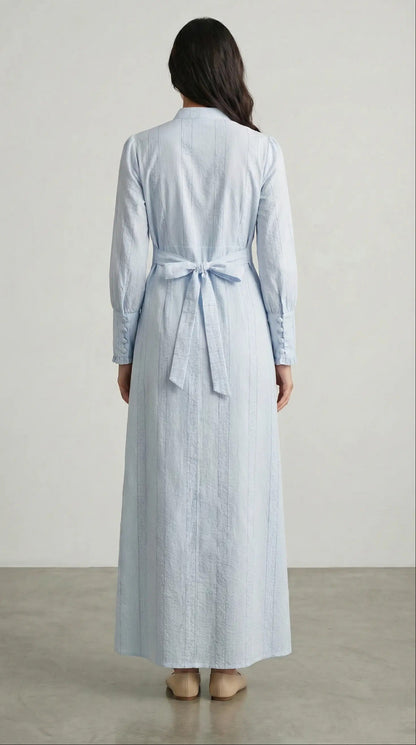 Back view of Blue Horizon blue modest maxi dress with long sleeve