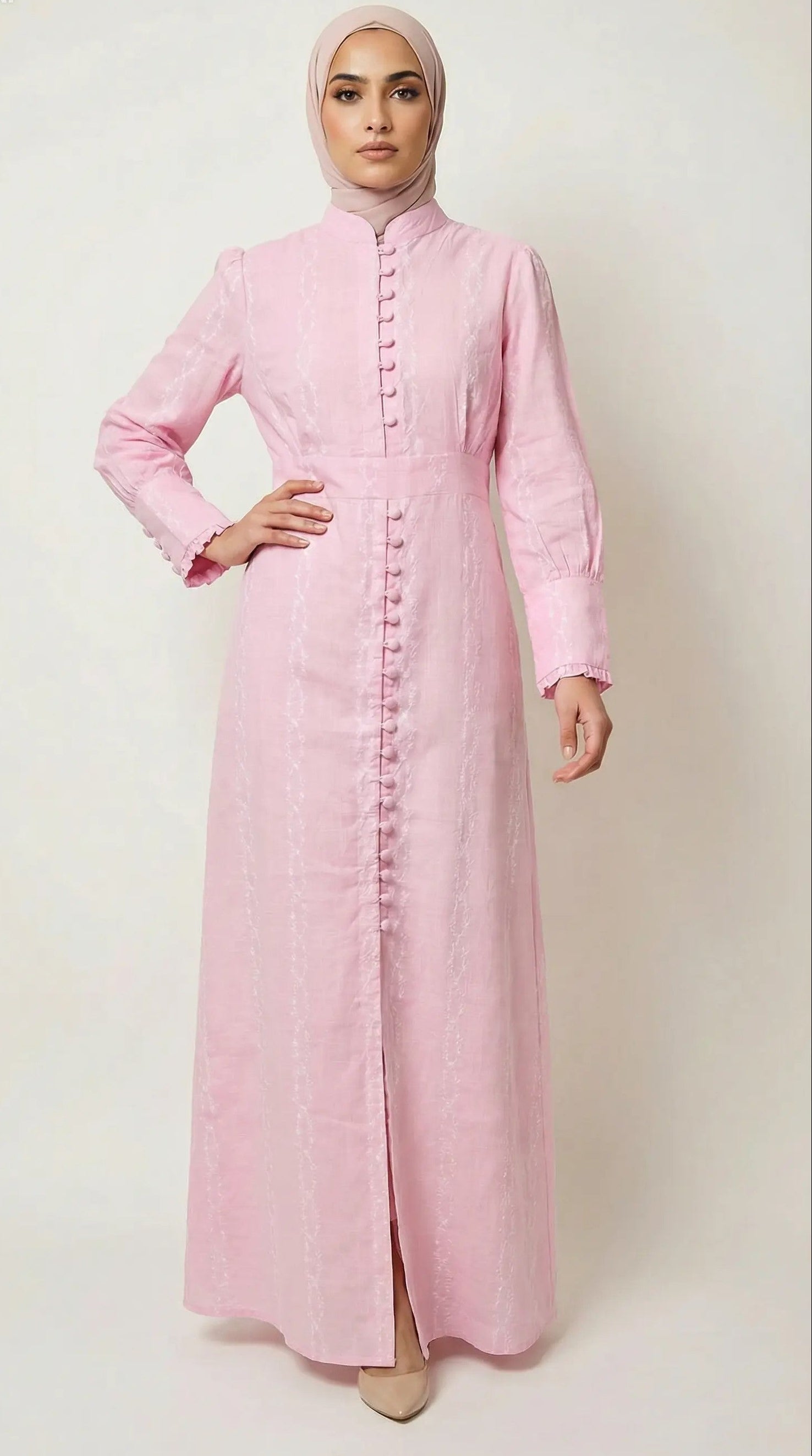 Front view of Elegant petal pink modest maxi dress with long sleeve