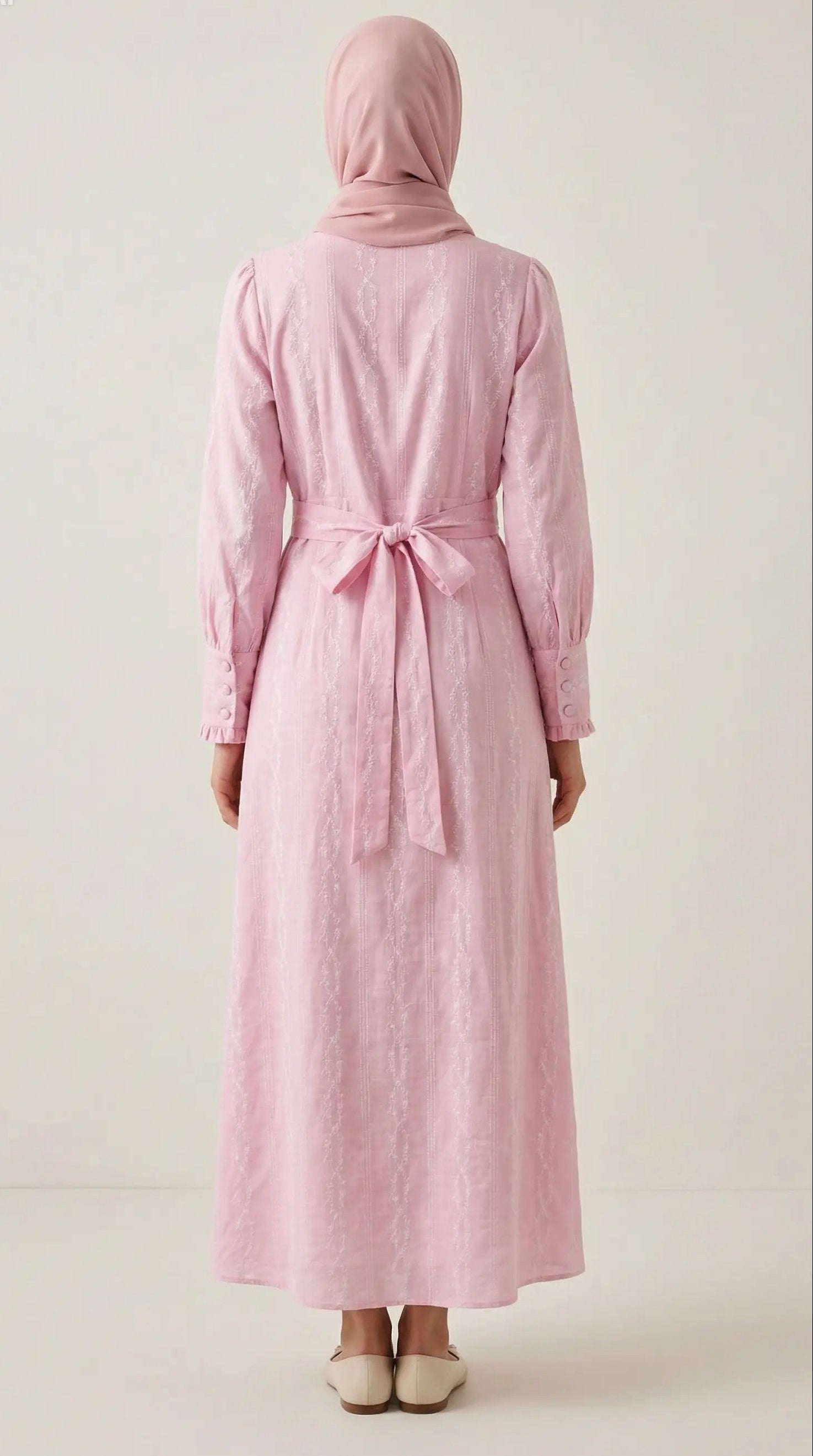 Back view of Elegant petal pink modest maxi dress with long sleeve