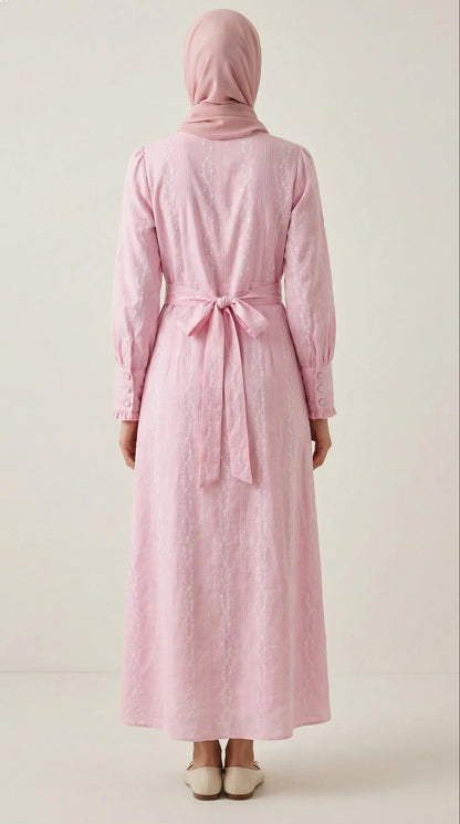Back view of Elegant petal pink modest maxi dress with long sleeve