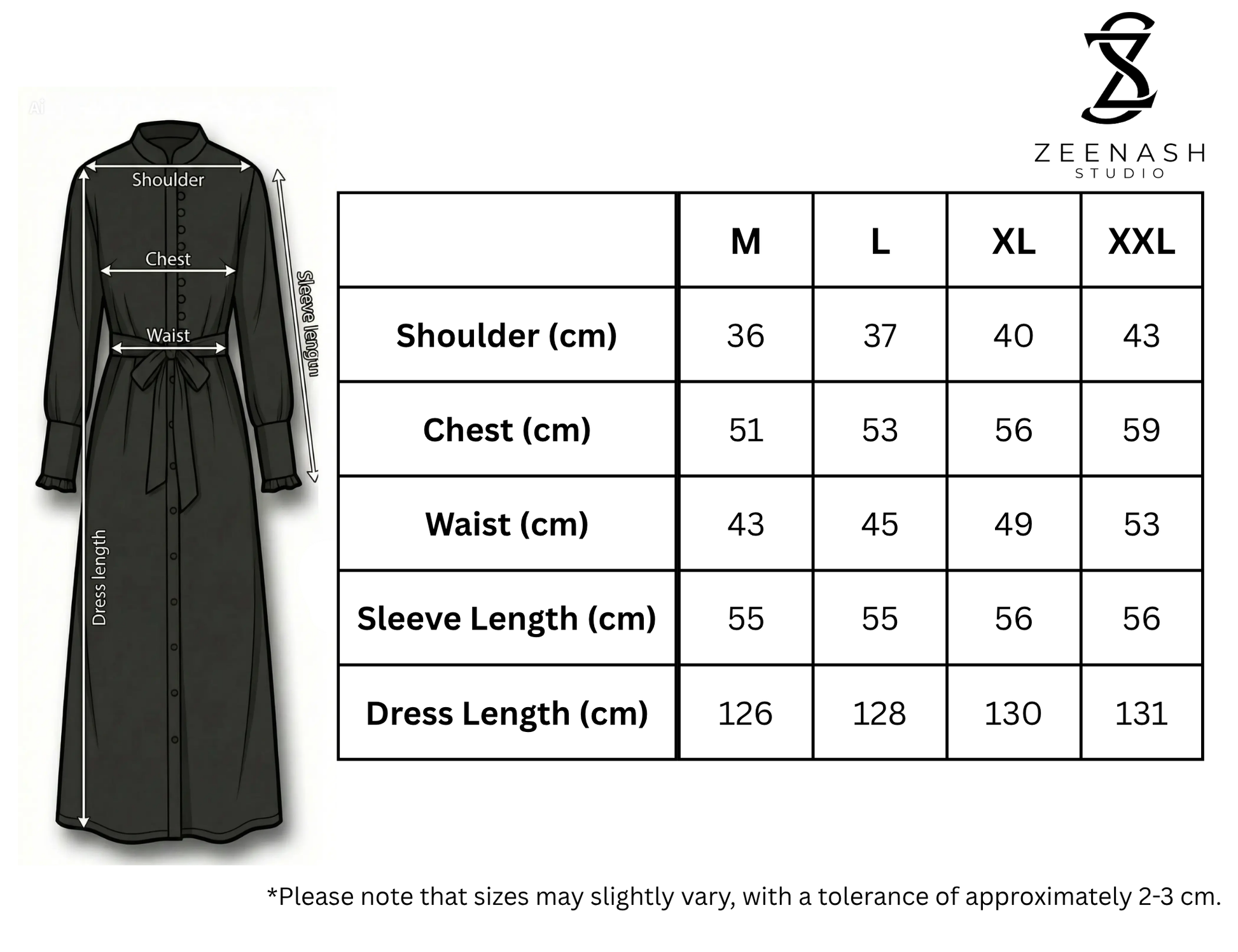 Size Guide of modest maxi dress with long sleeves