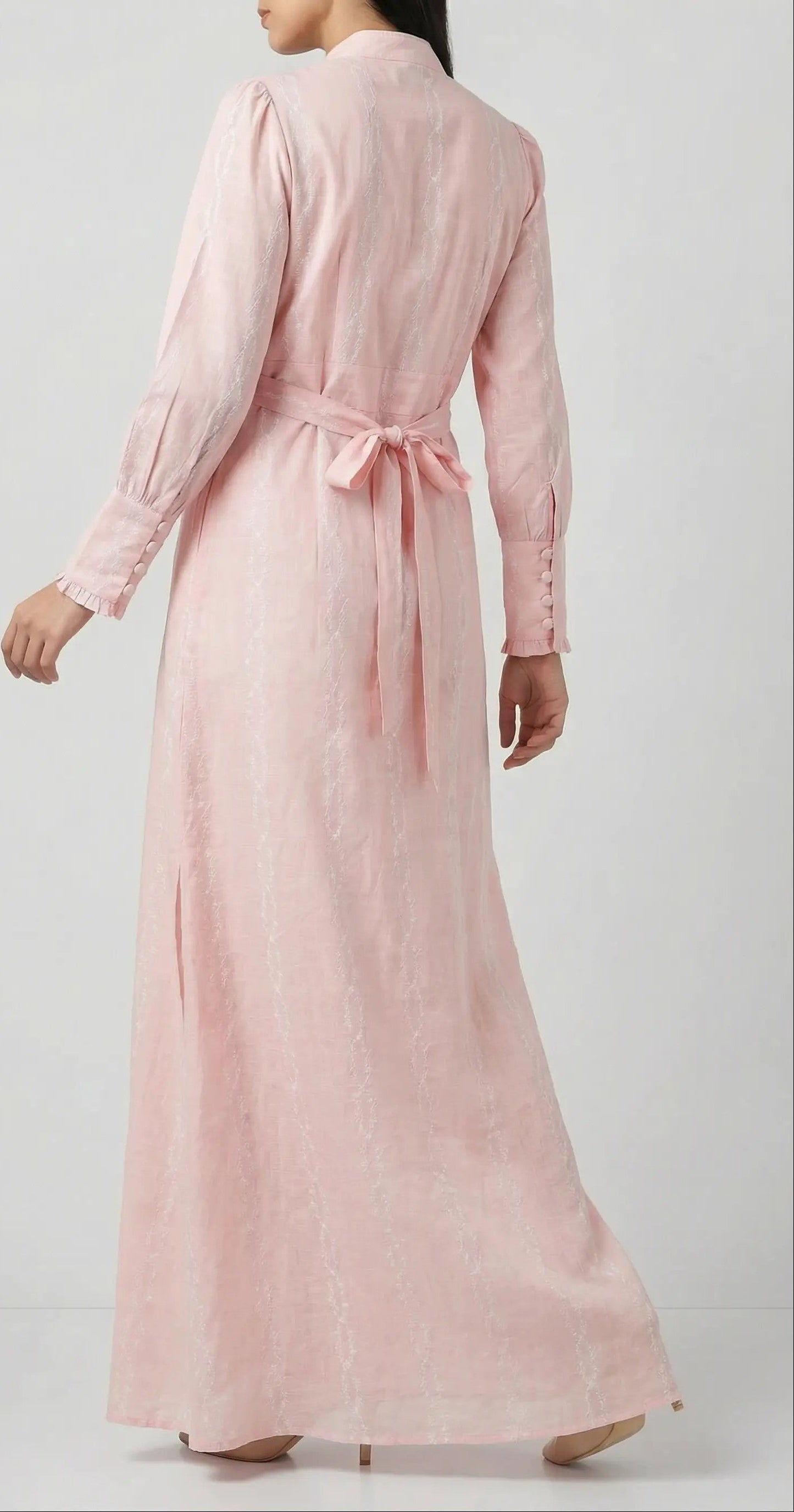 Back view of Peach Aura blush modest maxi dress with long sleeves