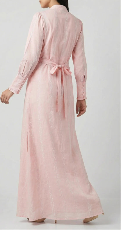 Back view of Peach Aura blush modest maxi dress with long sleeves