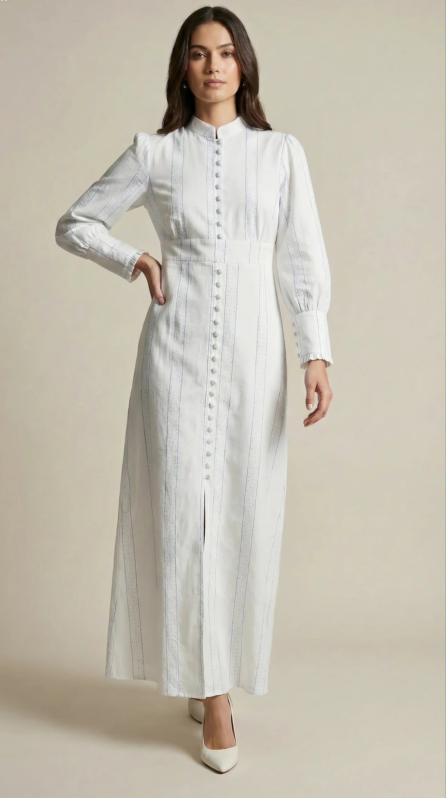 Front view of Pearl Whisper modest maxi dress with long sleeve