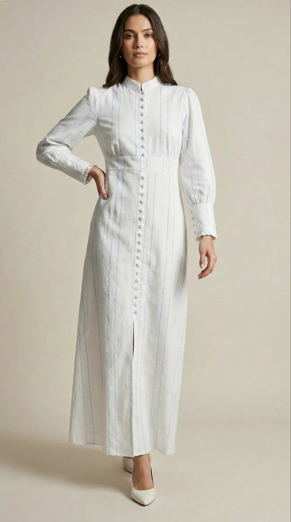 Front view of Pearl Whisper modest maxi dress with long sleeve