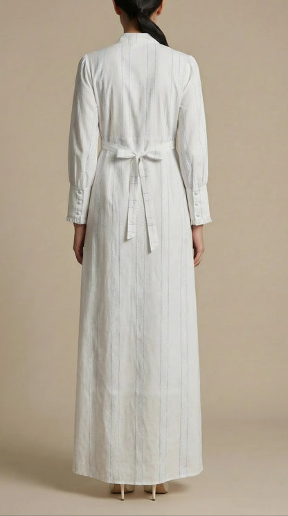 Back view of Pearl Whisper white modest maxi dress with long sleeve