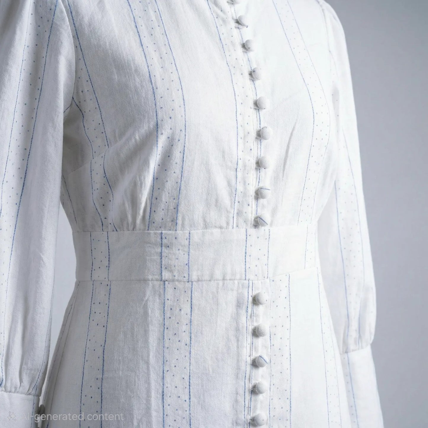 Closeup of Pearl Whisper white modest maxi dress with long sleeve