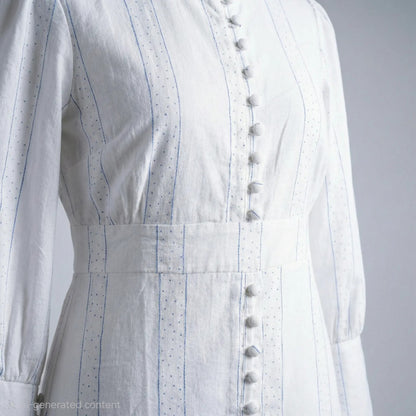 Closeup of Pearl Whisper white modest maxi dress with long sleeve