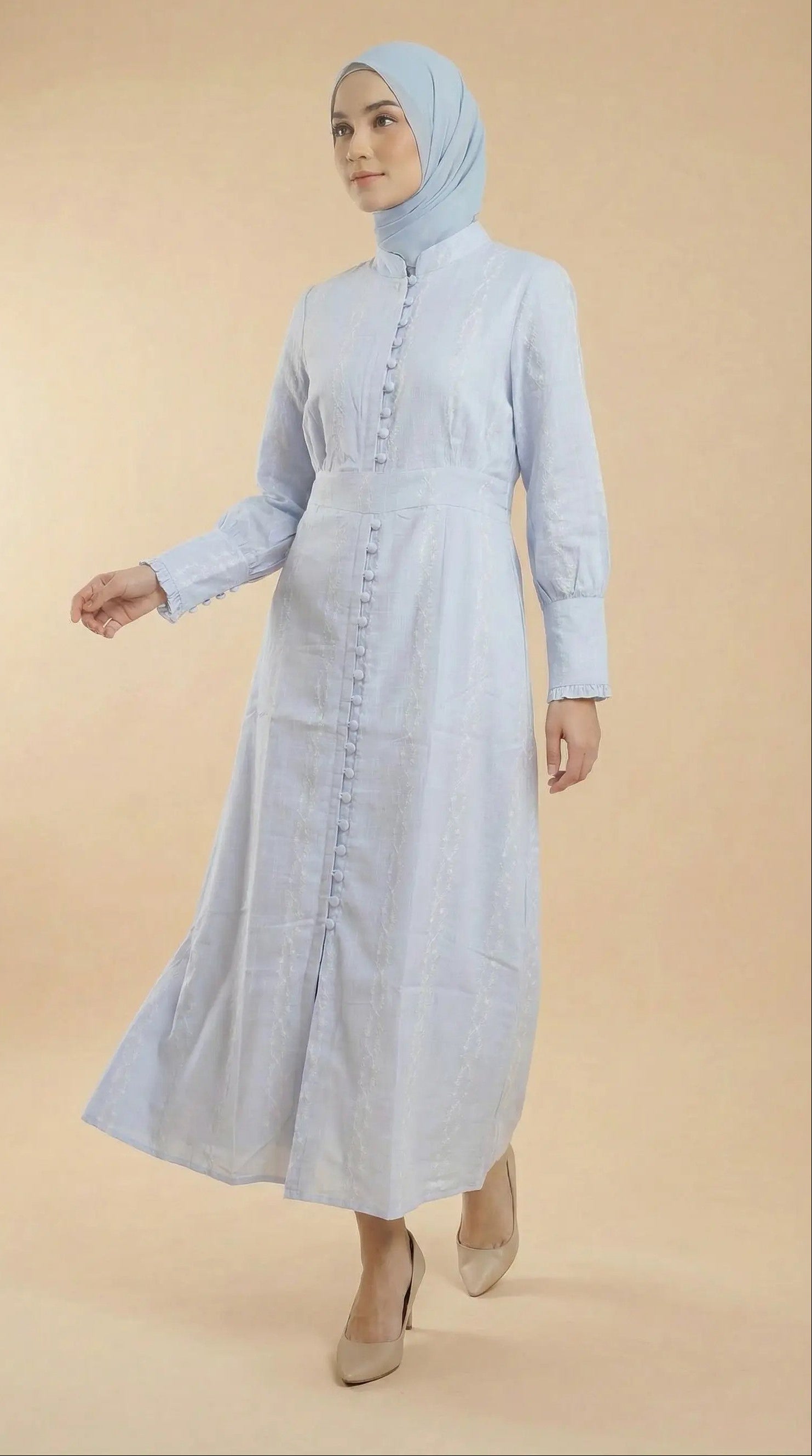 Front view of Serene Sky blue modest maxi dress with long sleeve